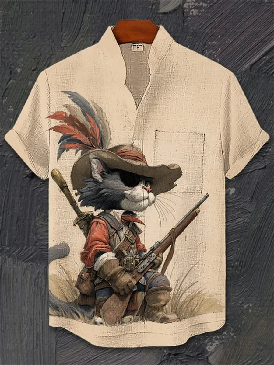 Men's ink-wash style samurai cat print short-sleeved shirt, stand-up collar casual men's top, outdoor casual Hawaiian shirt.