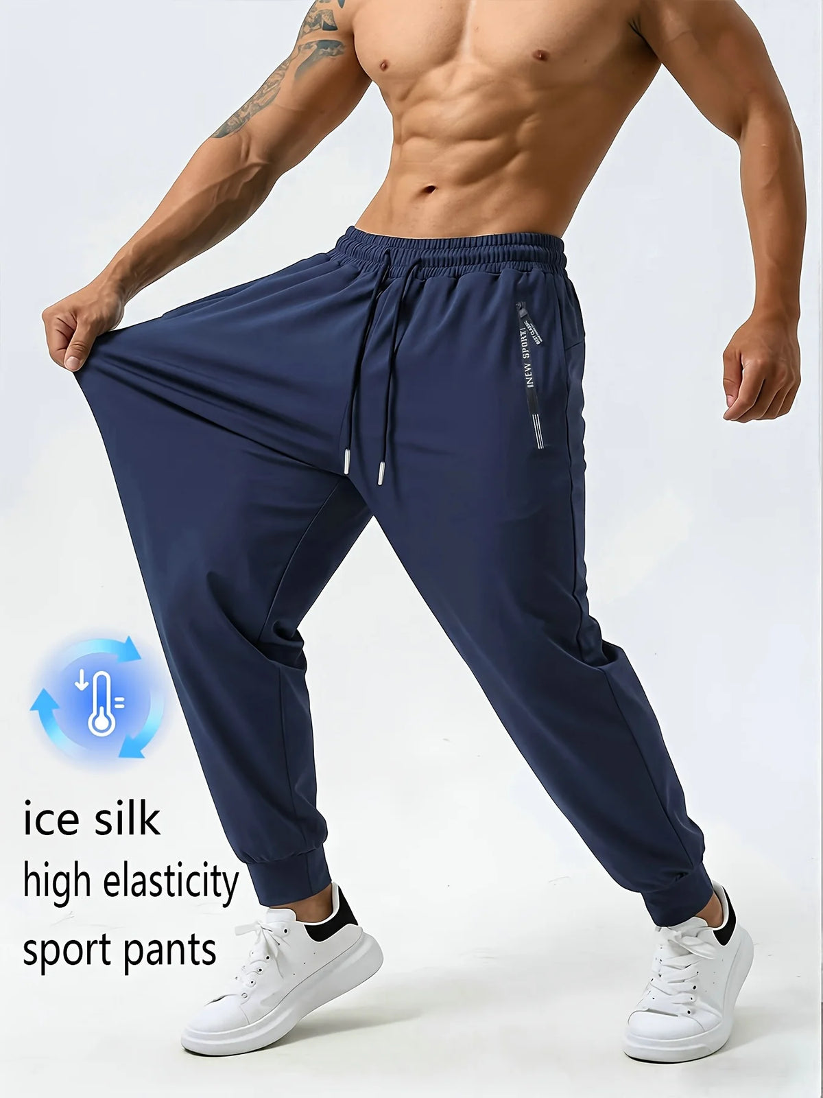 Men's Ice Silk Trousers With High Elasticity And Comfortable Zipper Pockets Casual Training Sports Trousers Sweatpants Man Gift