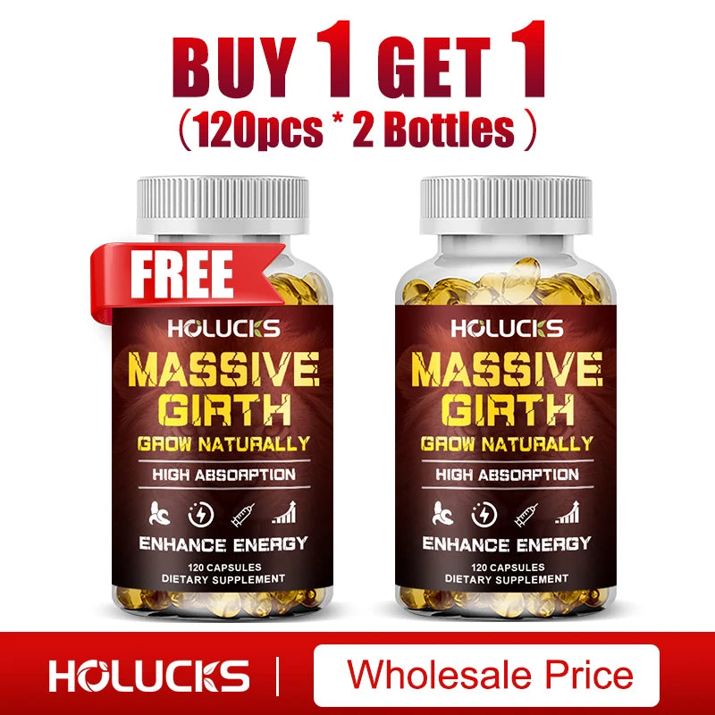 Buy 1 Get 1 Free! Massive Girth Supplement, for Enhanced Blood Flow, Stamina & Overall Male Performance, Overall Wellness, Vegan