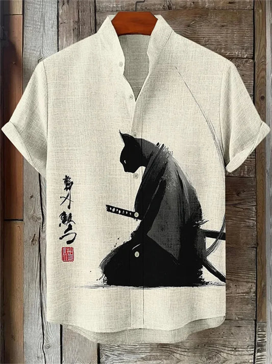 Men's ink-wash style samurai cat print short-sleeved shirt, stand-up collar casual men's top, outdoor casual Hawaiian shirt.
