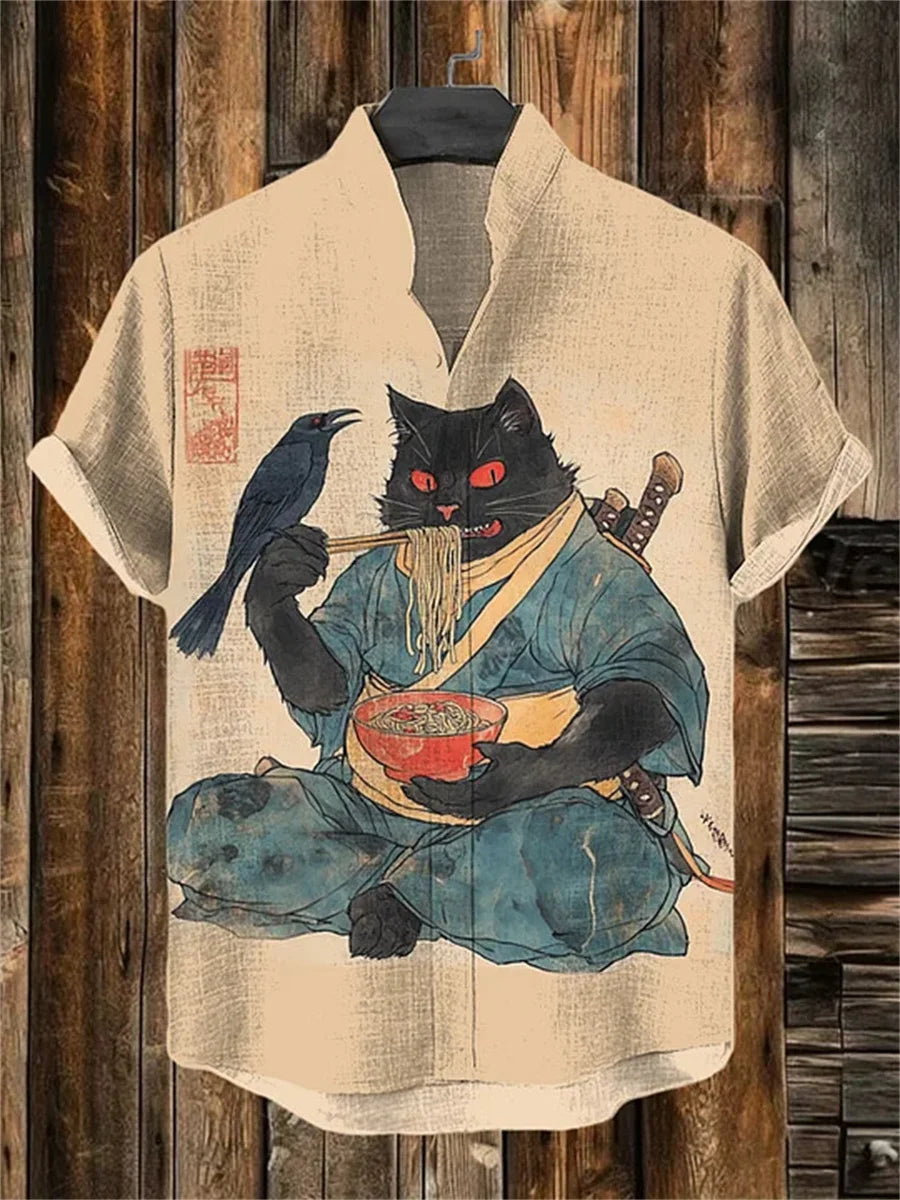 Men's ink-wash style samurai cat print short-sleeved shirt, stand-up collar casual men's top, outdoor casual Hawaiian shirt.