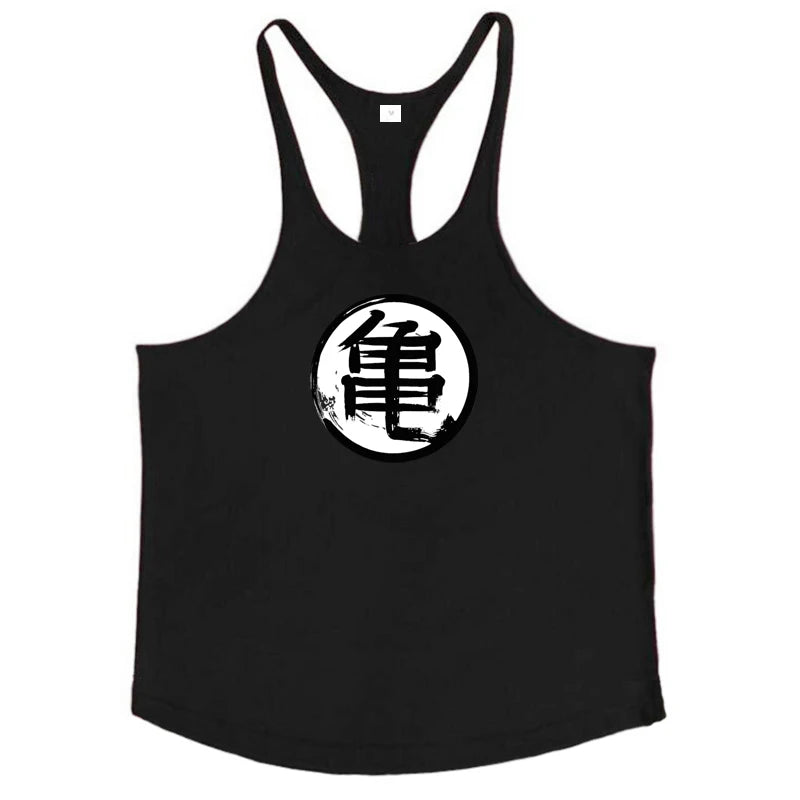 Japanese Anime Turtle Script Printed Mens Y Back Gym Clothing Cotton Fitness Tank Top Bodybuilding Muscle Stringer Singlets