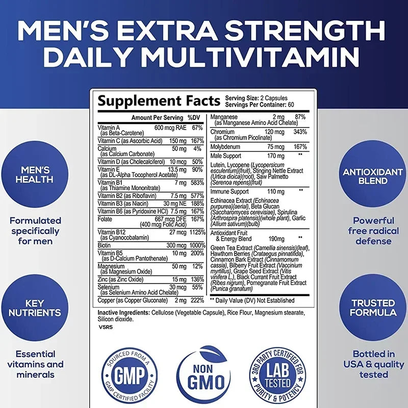 Men's Multivitamin Supplement - Supports Immune Health, Boosts Energy Production, and Improves Vitality and Endurance