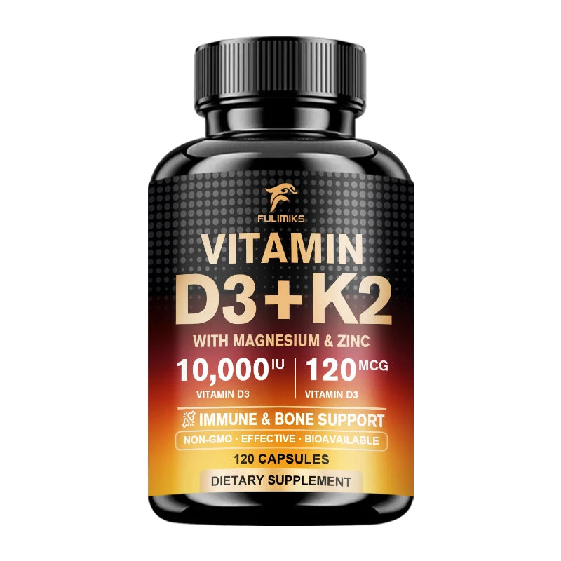 High Vitamin D3 K2 10000 IU Capsules, with Magnesium Blend & Vitamin, Support Immune, Heart, Joint, Teeth & Bone Health