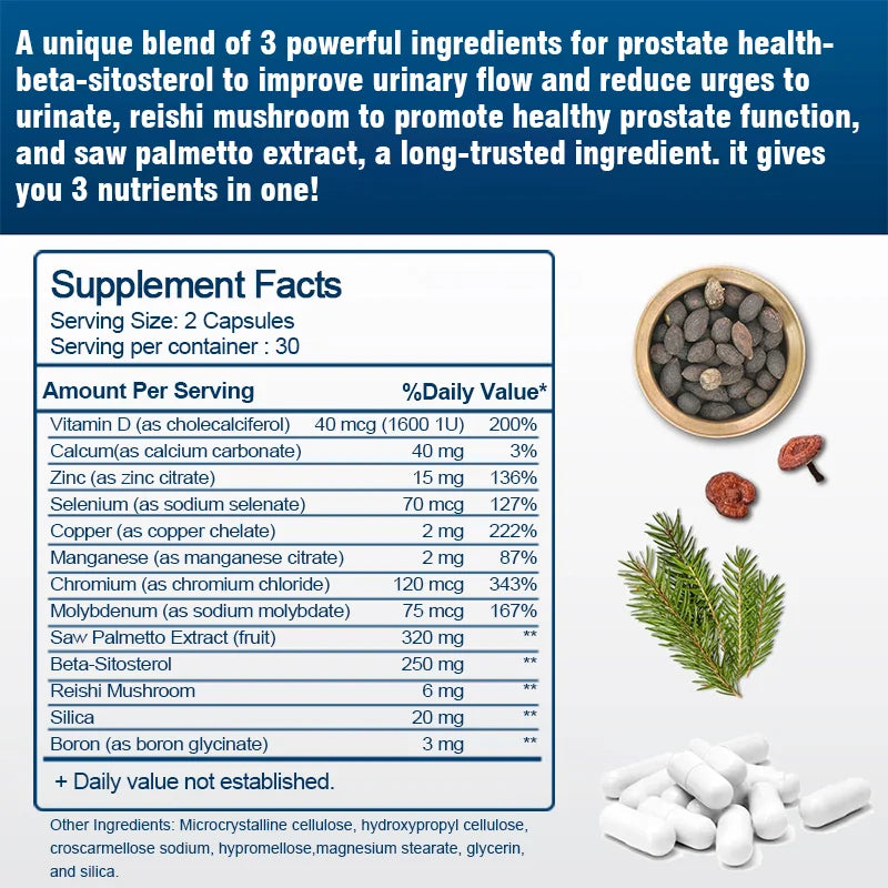 Advanced with Saw Palmetto 13 in 1  - Prostate , Bladder & Urinary Health with Beta-sitosterol, Reishi, Vitamin D Supplement