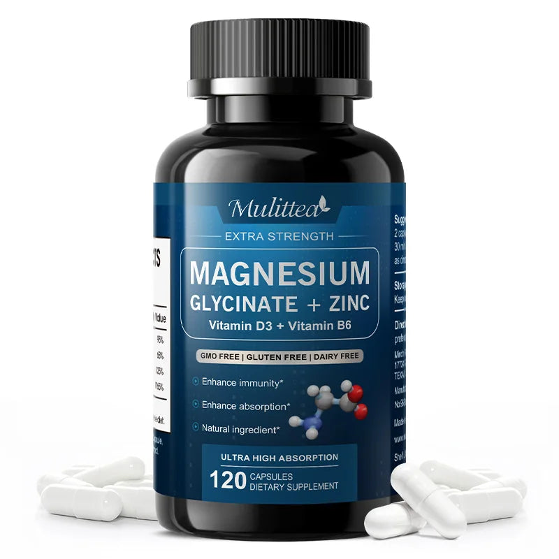 Mulittea Magnesium Glycinate + Zinc with Vitamin D3 & B6 | Extra Strength for Immunity, Energy & Sleep Support, Non-GMO