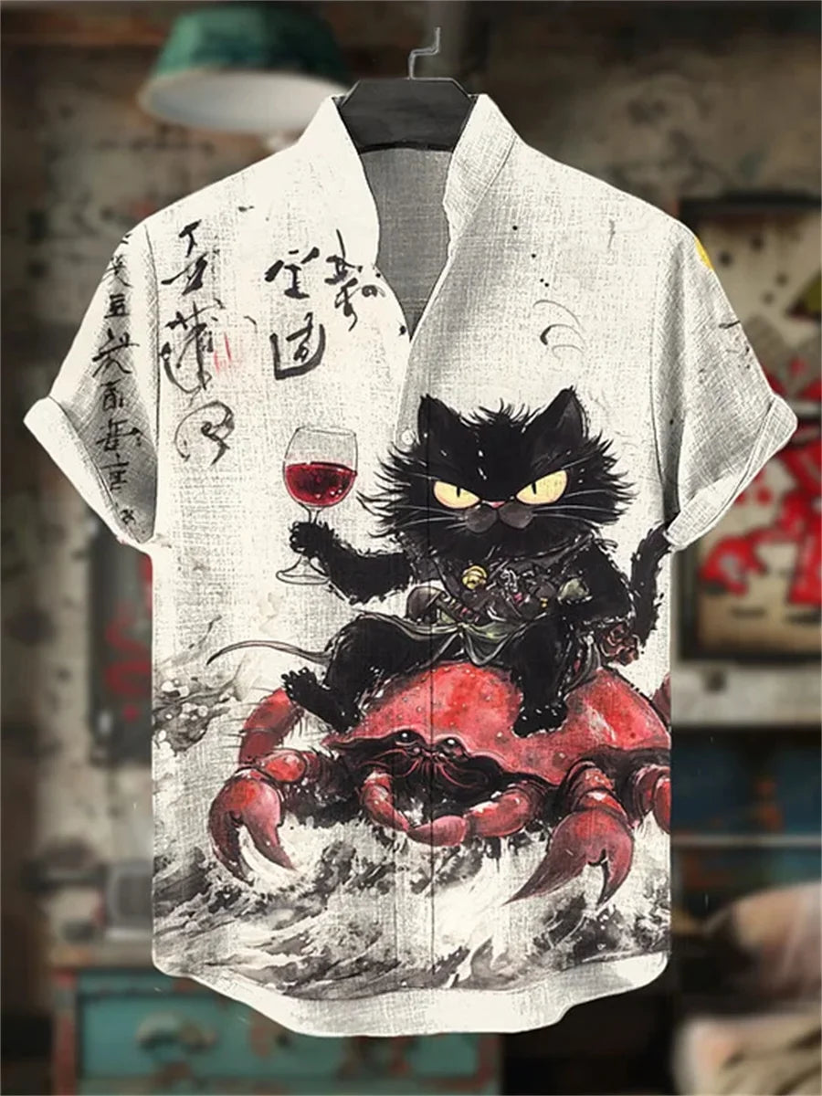 Men's ink-wash style samurai cat print short-sleeved shirt, stand-up collar casual men's top, outdoor casual Hawaiian shirt.
