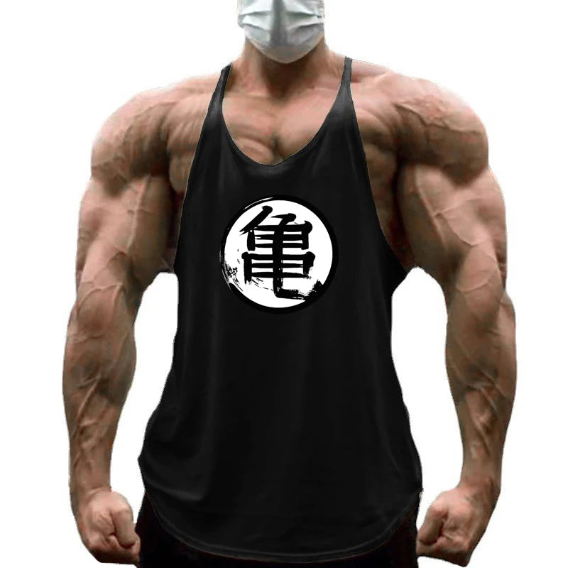 Japanese Anime Turtle Script Printed Mens Y Back Gym Clothing Cotton Fitness Tank Top Bodybuilding Muscle Stringer Singlets