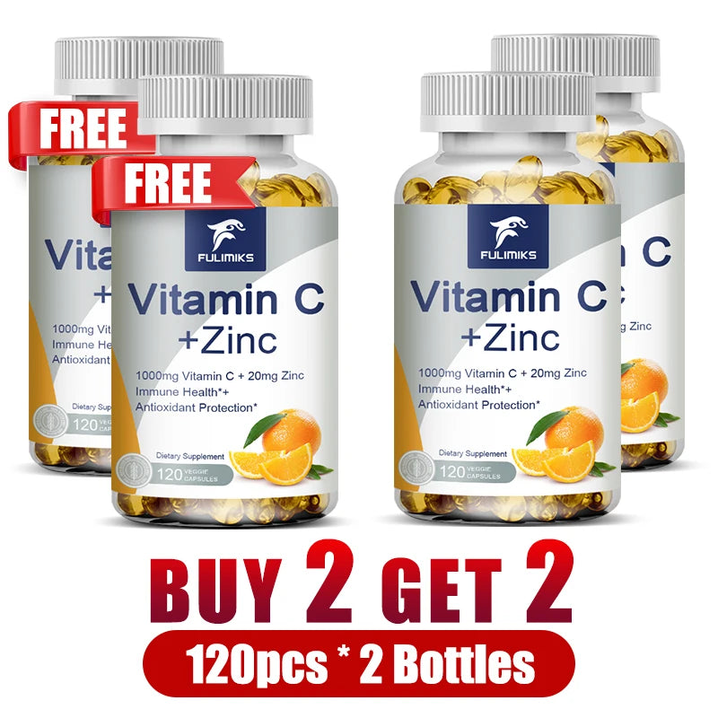 Buy 1 Get 1 Free! Premium Vitamin C + Zinc Supplement, for Wound Healing, Reduces Oxidative Stress & Promotes Clear Skin, Vegan