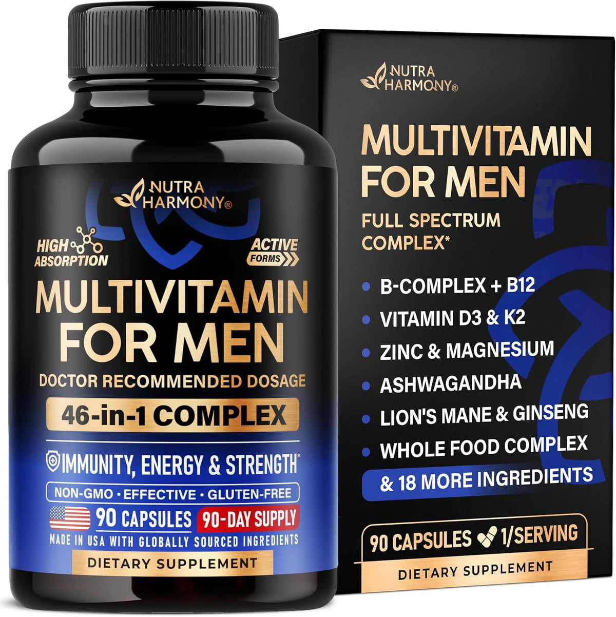 Multivitamin for Men - Energy, Focus & Brain | Men's Health Complex - 46in1 Mens Multivitamin - 90 Capsules, 1/Day